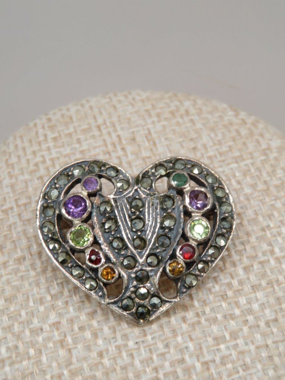 Vintage Silver Tone Marcasite Gemstone Accent Heart Brooch